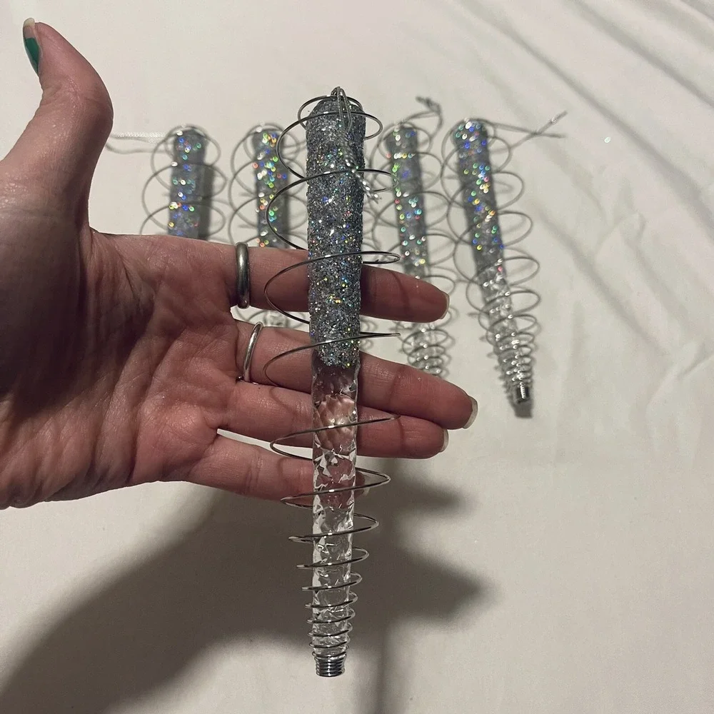 Vintage Icicle Wire‎ Wrapped Ornaments Clear Acrylic Twisted Silver Glitter Mcm